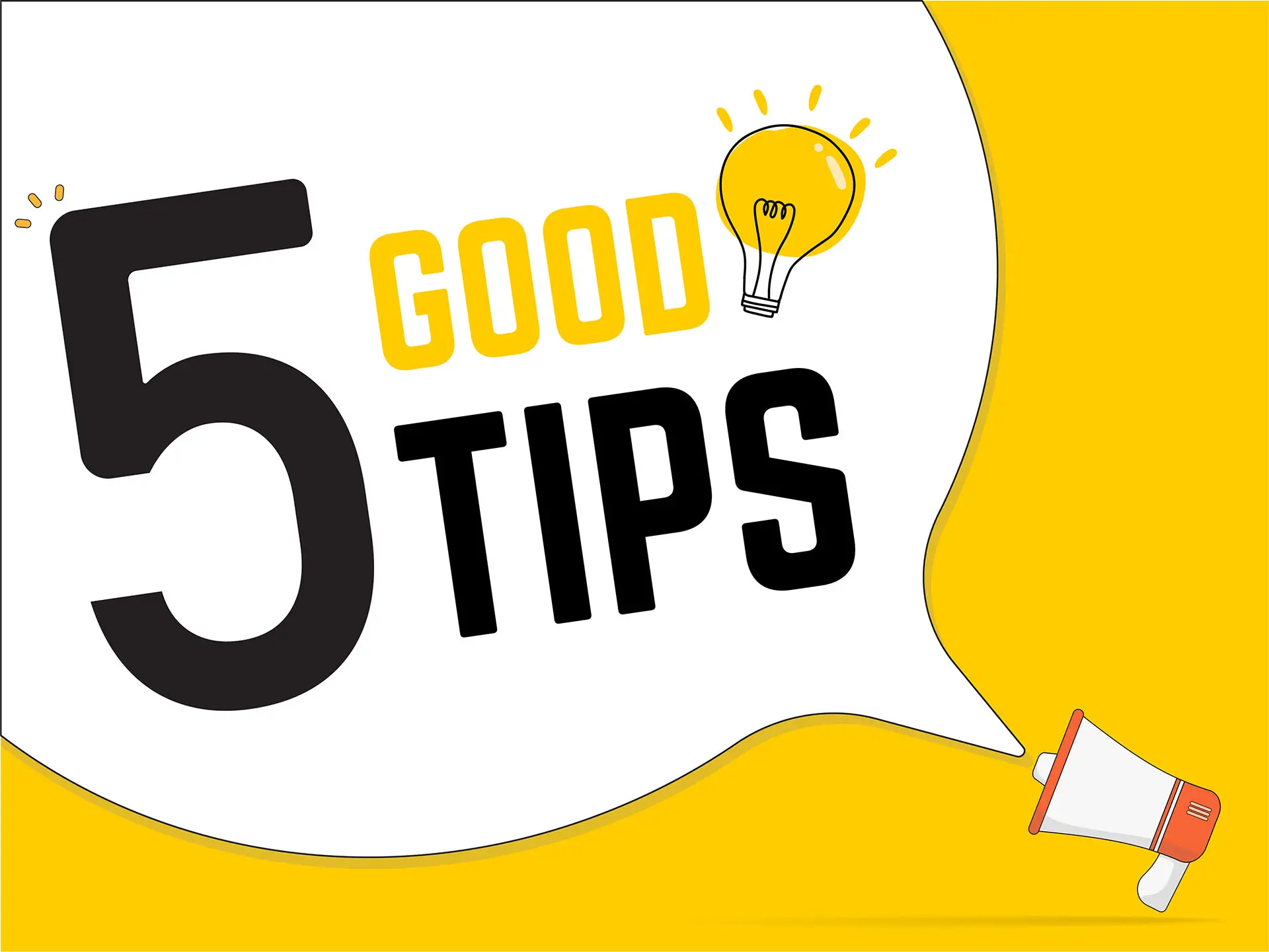 5 Tips for Making the Most of Your Facebook Business Page this graphic shows a bright yellow background with a mega phone and a speech bubble coming out of it which says "5 good tips" and a lightbulb