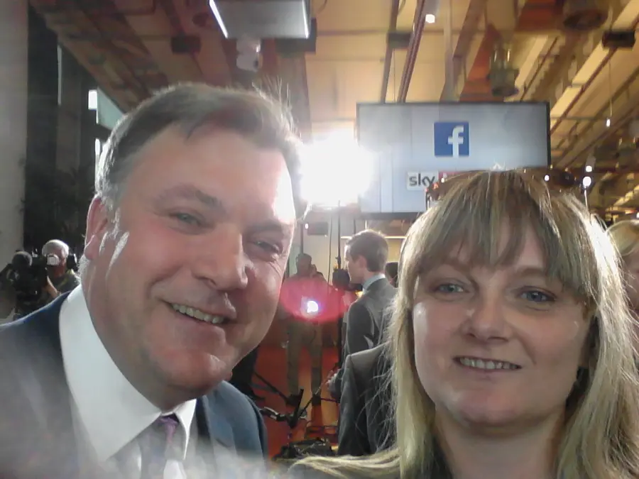 Ask The Chancellors this image shows Jules White with Shadow Chancellor Ed Balls at The Facebook and Sky Ask the Chancellors event