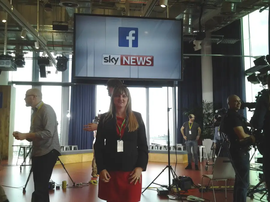 Ask The Chancellors. This image shows Jules White from The Last Hurdle on set at a collaboration between Sky News and facebook, In Facebook's London offices. The event was called Ask the Chancellors