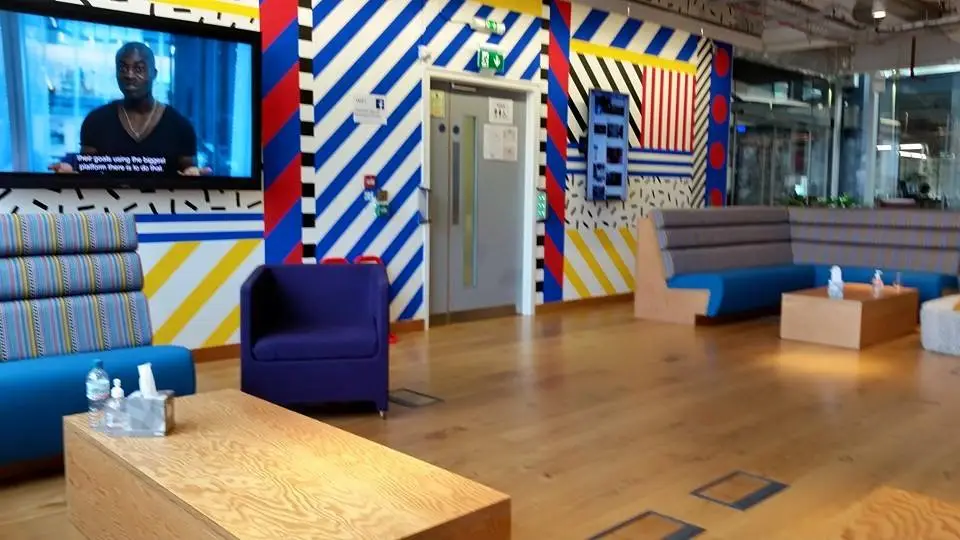 Ask The Chancellors - this image shows Facebook's London Office, the foyer is very modern with bright colours and patterns