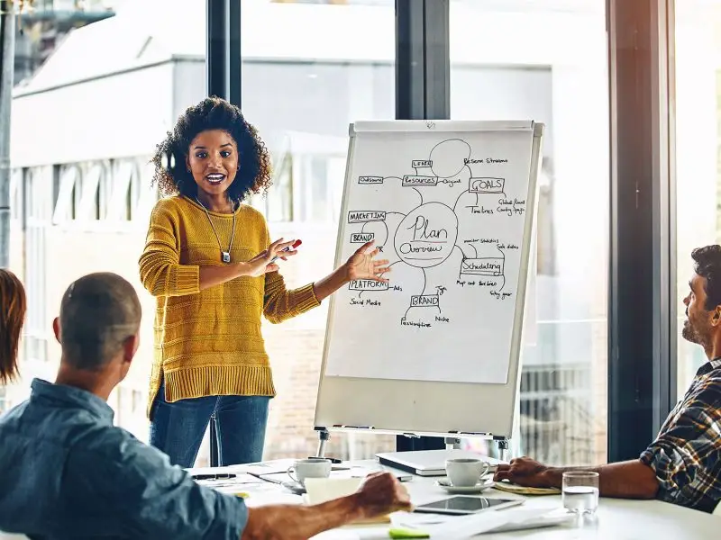 Business Development Plan Image shows a lady discussing the business development plan with her team