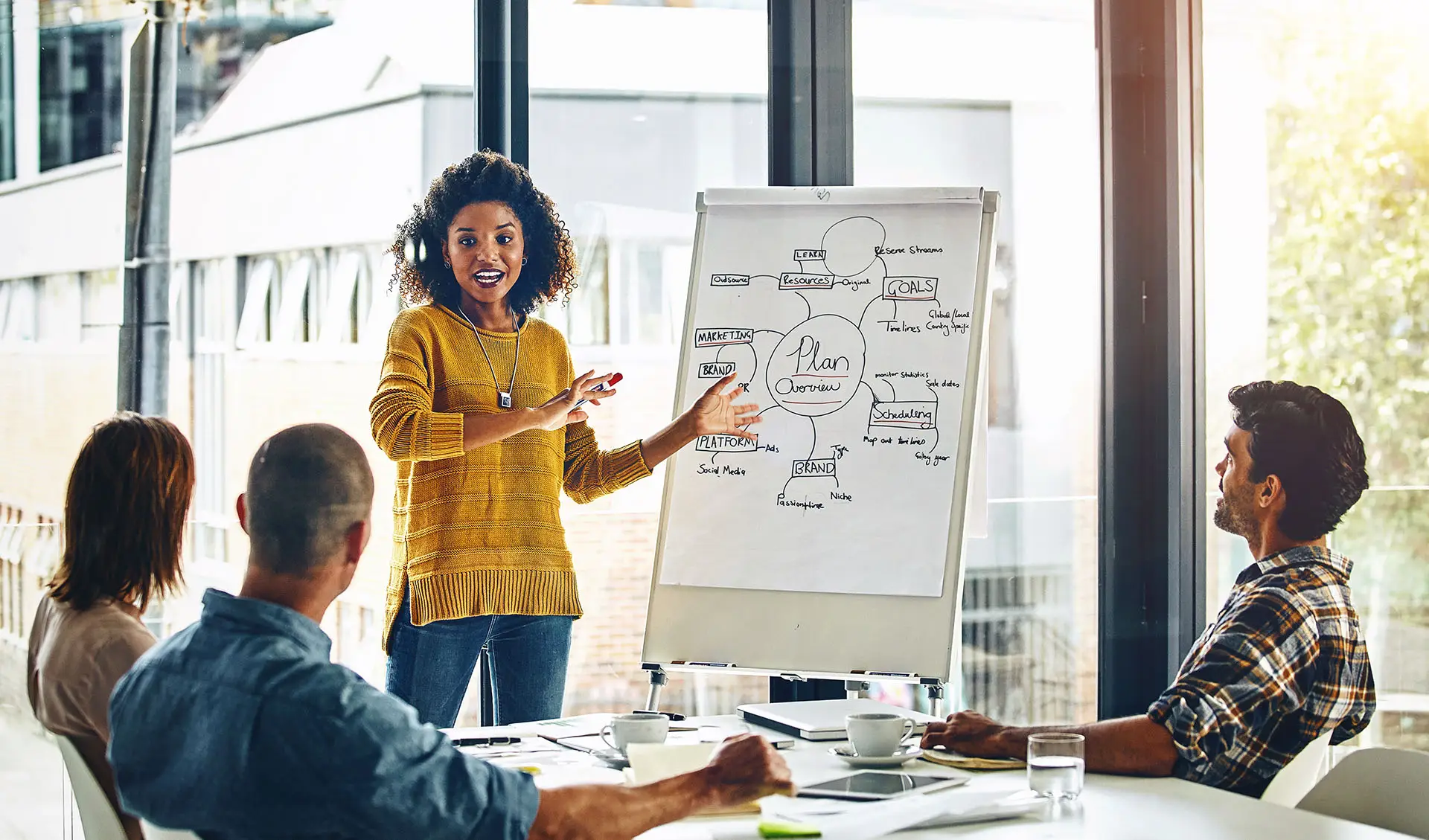 Business Development Plan Image shows a lady discussing the business development plan with her team