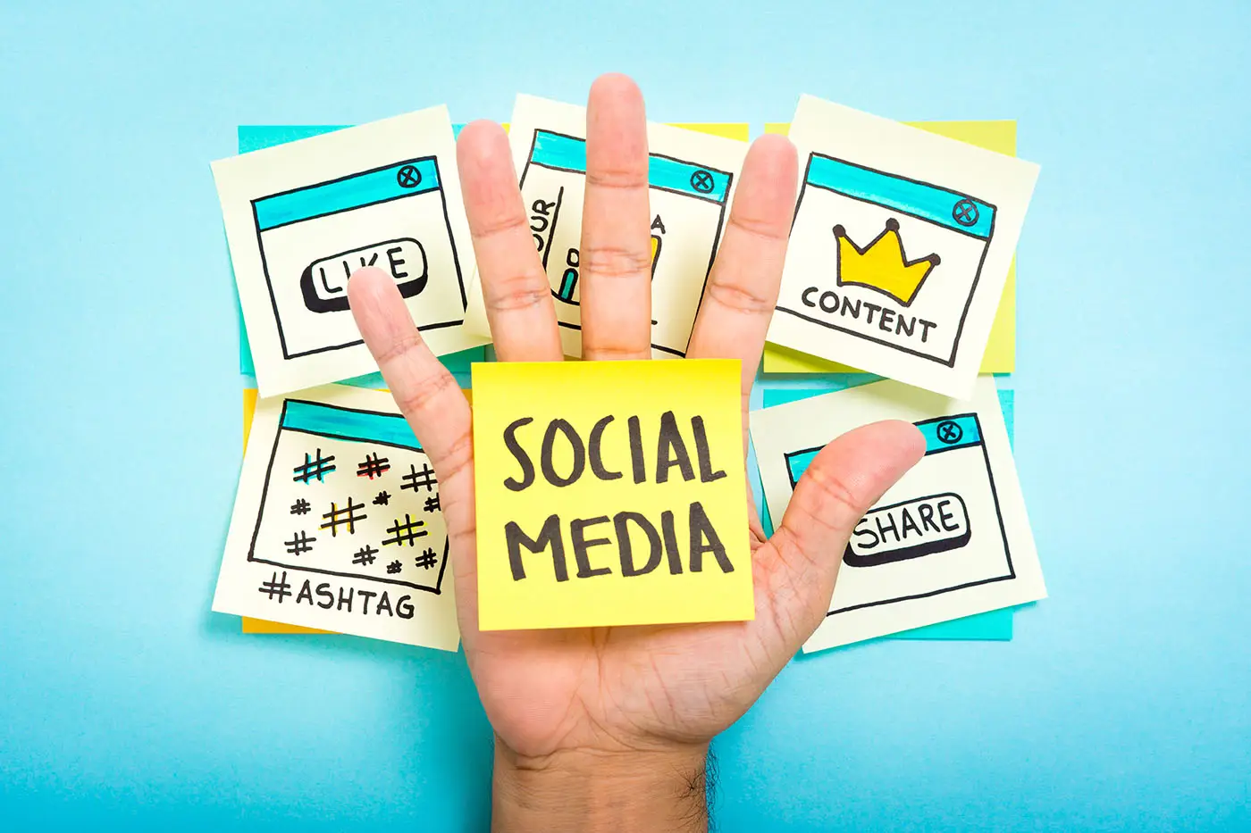 Driving Business Growth Through Social Media image shows an open hand, palm up, resting on social CTAs, in the centre of the palm is a sticky note with Social Media written on it - Social Media marketing concept