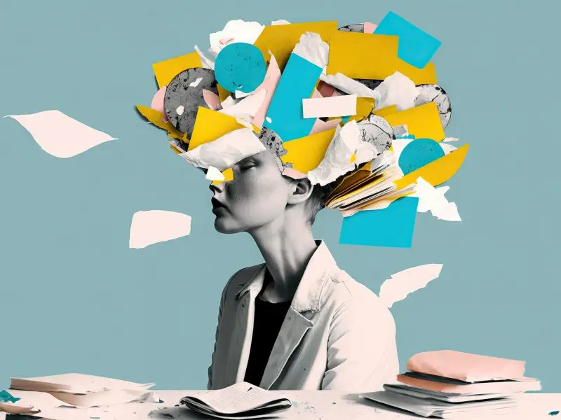 Features vs Benefits, this abstract image shows a lady sat at her desk, the top of her head is made up of a jumble of icons and papers - concept for distinguishing between features and benefits