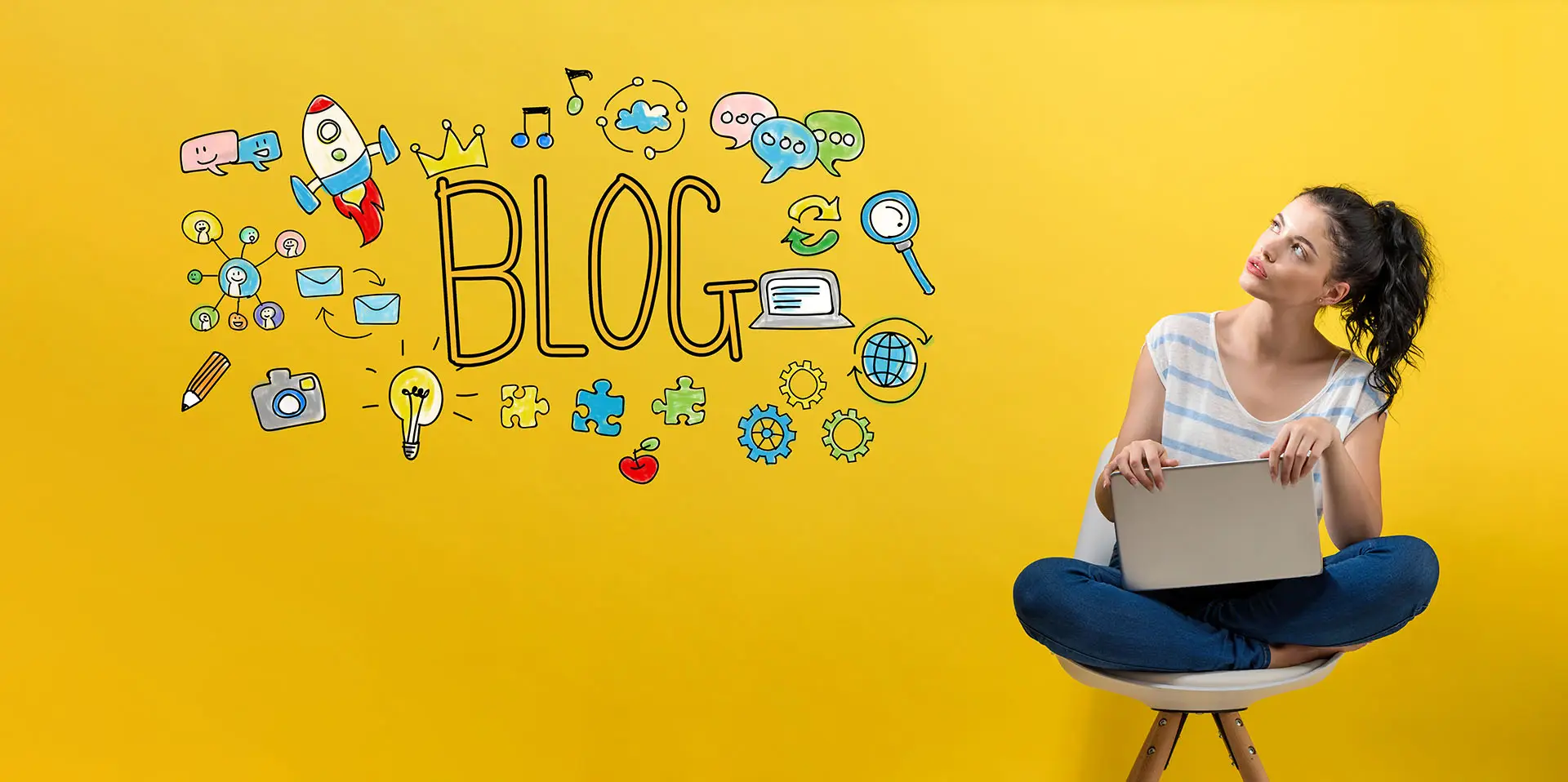 Five Reasons Why I Blog the image shows a lady sitting crossed legged on a chair with a laptop in her lap she is looking to the left at a graphic with the predominate word is blog with various icons around it