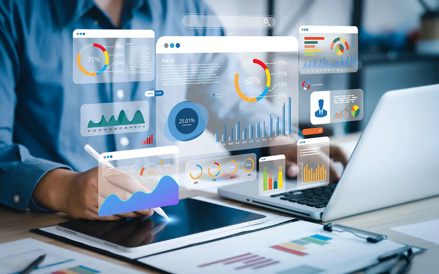 Follow Up and Follow Through, image shows a man working at his desk with a graphic overlay depicting a CRM - Concept to manage enquiries and connections with a CRM