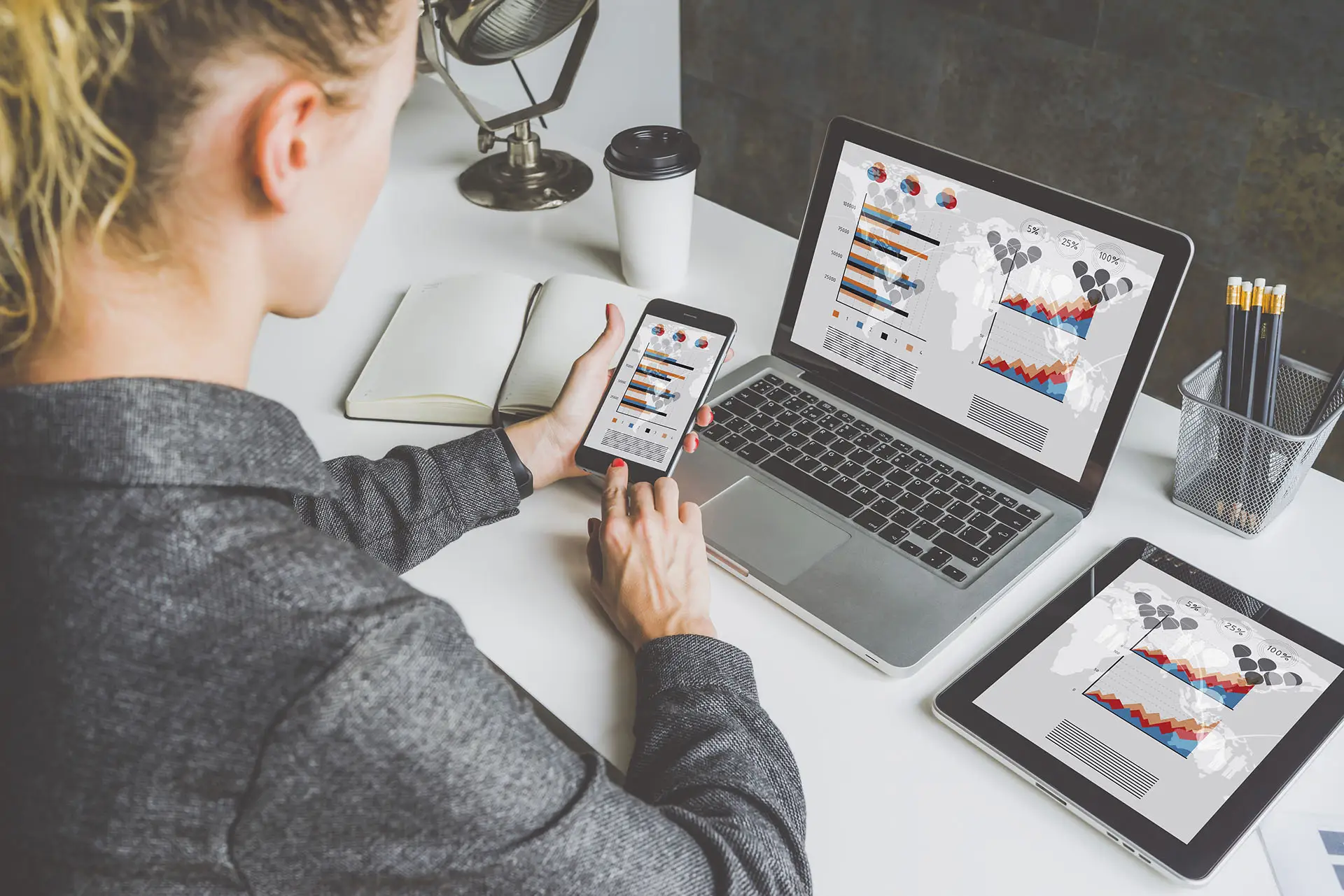 Google Analytics Update 2013 image shows a lady accessing google analytics data on her laptop, mobile and tablet.