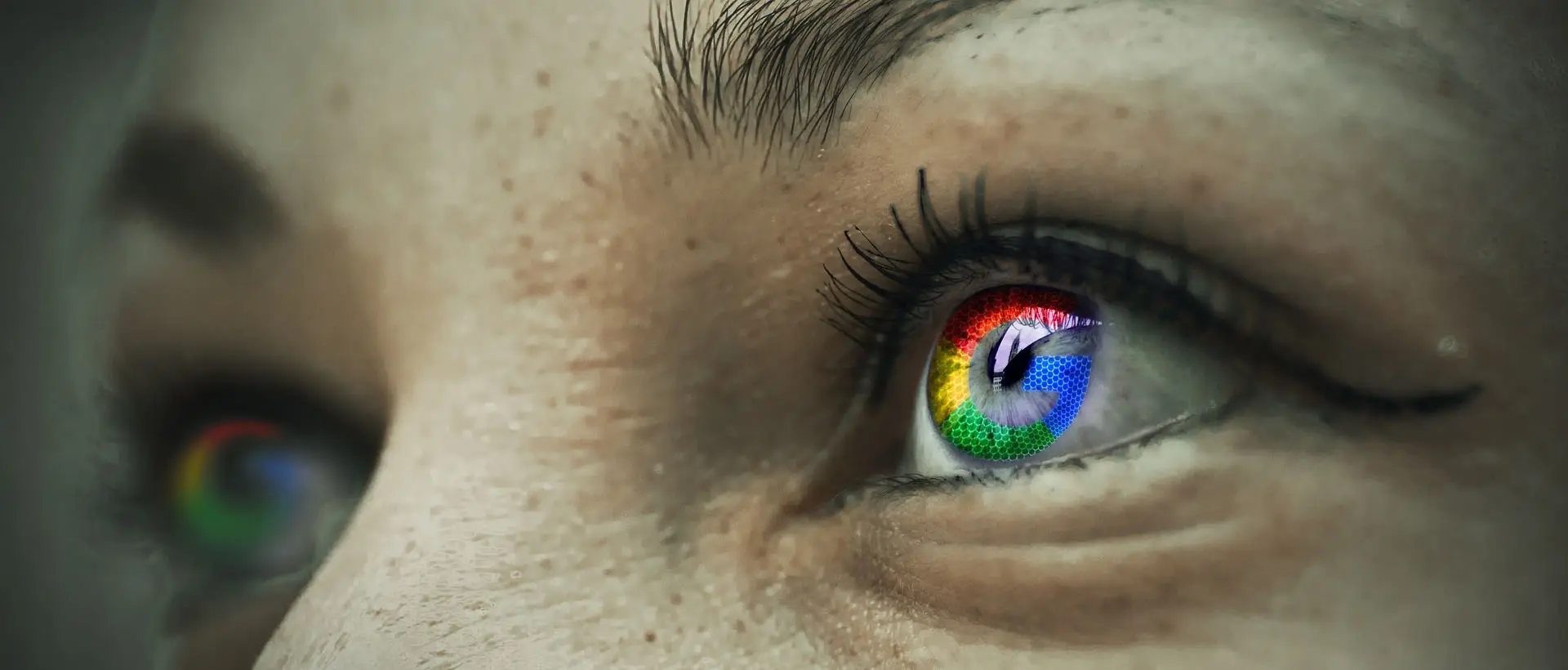 Google Hummingbird image shows a picture of eyes with the Google G symbol superimposed over the Iris. Concept for Google search