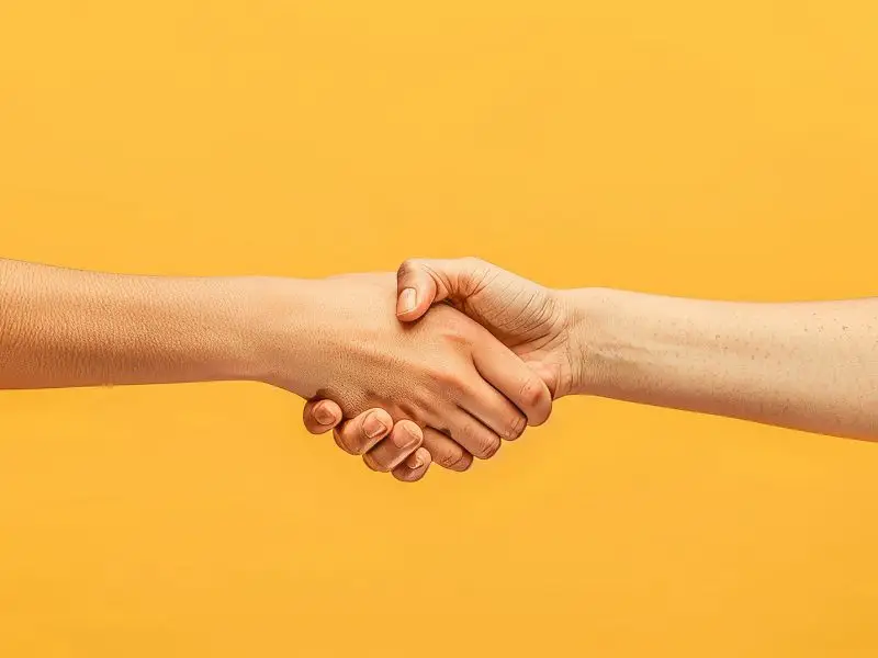 How to Close More Sales - this images shows a bright yellow background with two arms outstretched, shaking hands - concept for How to Close More Sales