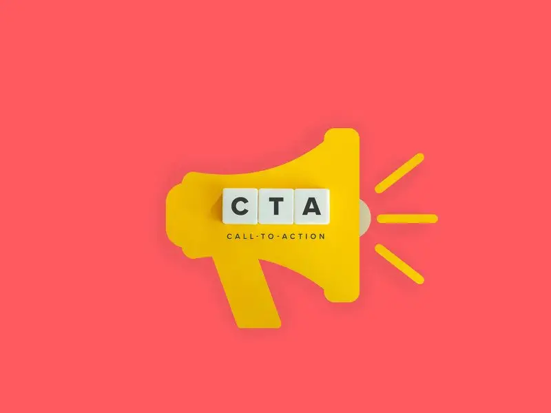 How to Write a Good Call to Action, image shows a yellow megaphone with the wording CTS on a bright coral background