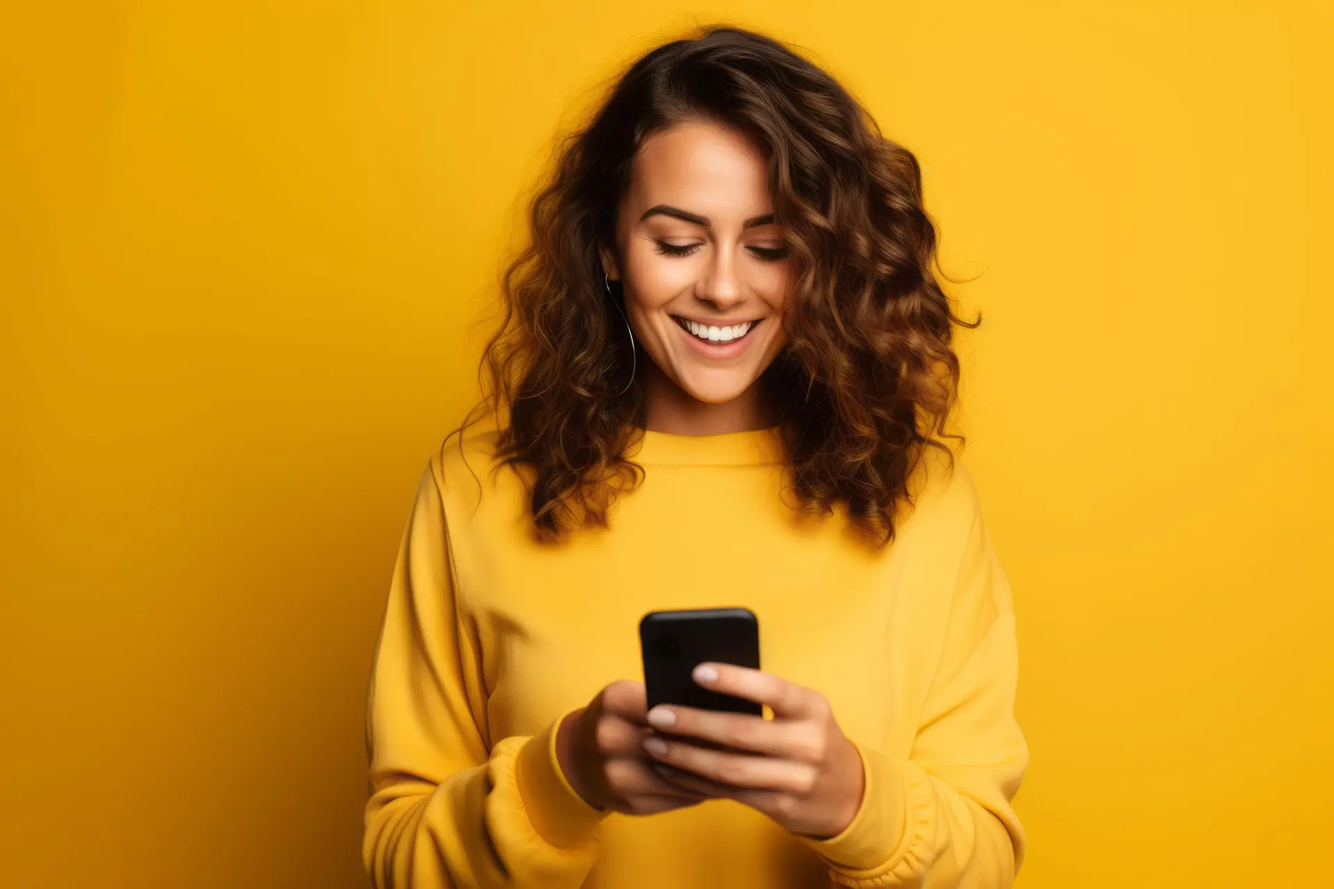 How to Write a Good Call to Action, the picture shows a smiling lady with head bowed looking at her phone, she is weating a bright yellow jumper which matches the background.