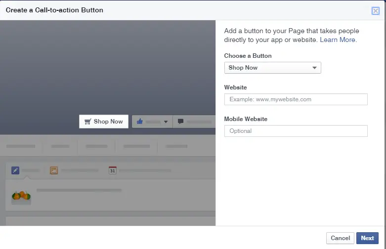 New Facebook Create Call To Action Button this image shows the screen on a desktop where the new call to action button is.