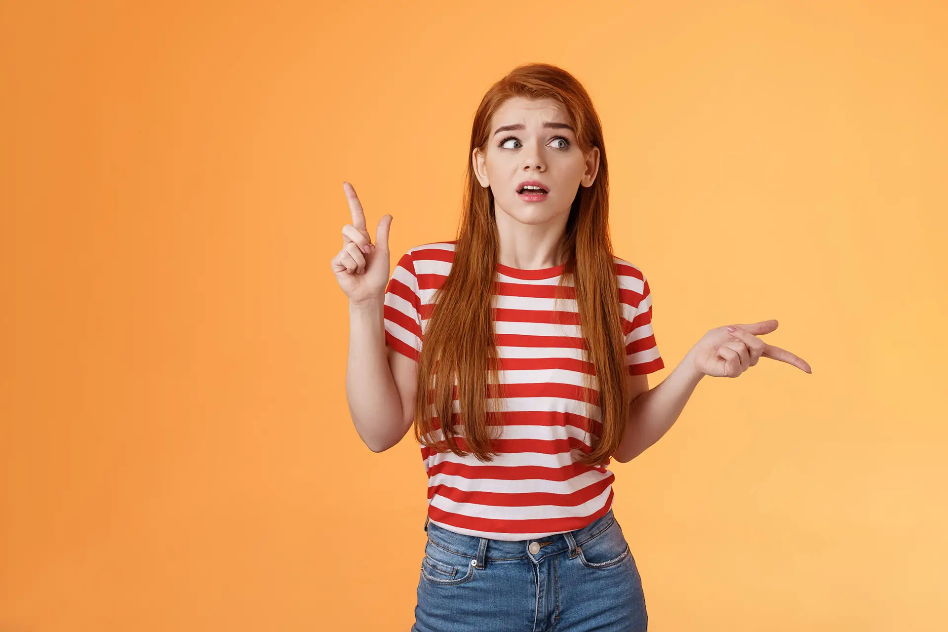 Positive Language, Positive Thought Process, Positive Outcome! Image shows a red head girl in a red strpy top who has one arm bent at the elbow with a finger pointing up and the other bent at the elbow pointing to the side as she weighs up the choice - positive mindset concept