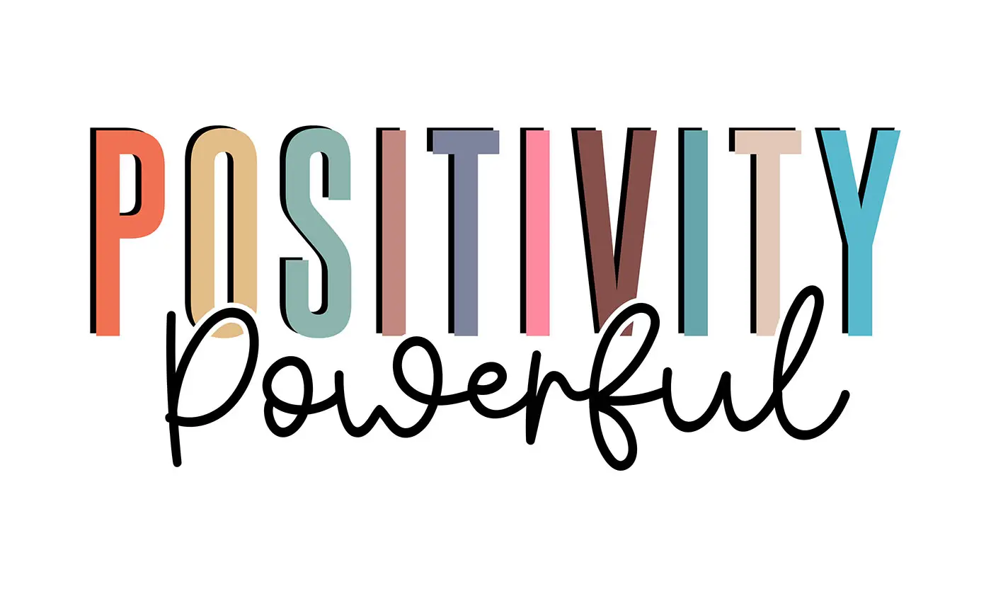 Positive Language, Positive Thought Process, Positive Outcome! This graphic consists of the word positivity in bright colours and the word powerful written underneath - positive language concept