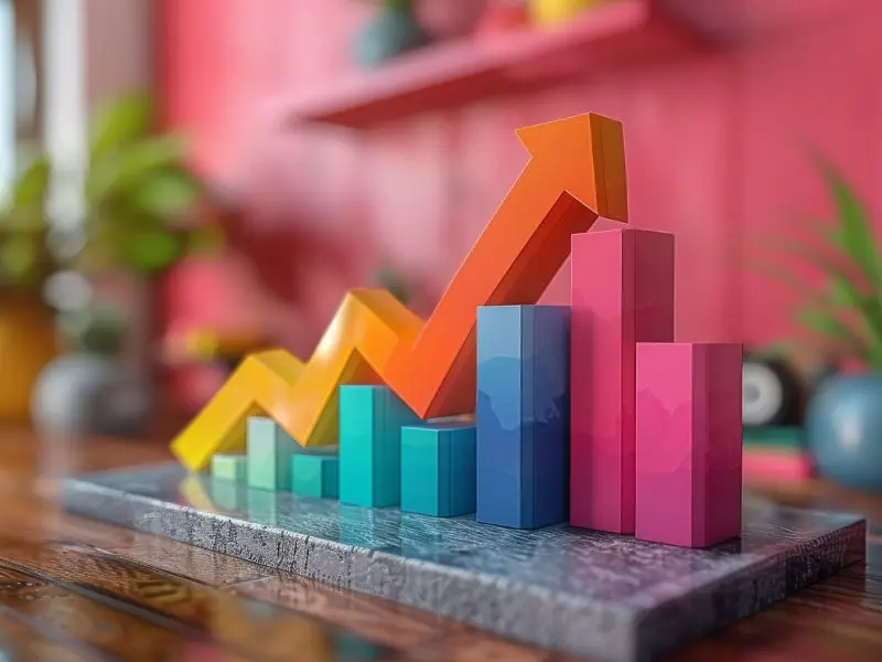 Sales Ratios, this image shows a multicoloured, 3d graph ascending. This block graph is sitting on a side board in a bright office - Sales ratios concept