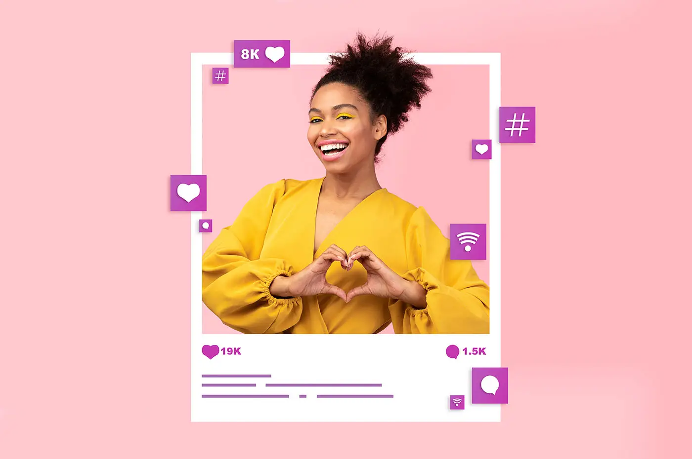 Social Media Marketing Top Tips in this graphic we see a pale pink background with a smiling lady in the foreground making a heart symbol with her hand as she stand in a social media frame with lots of like icons - social media marketing concept