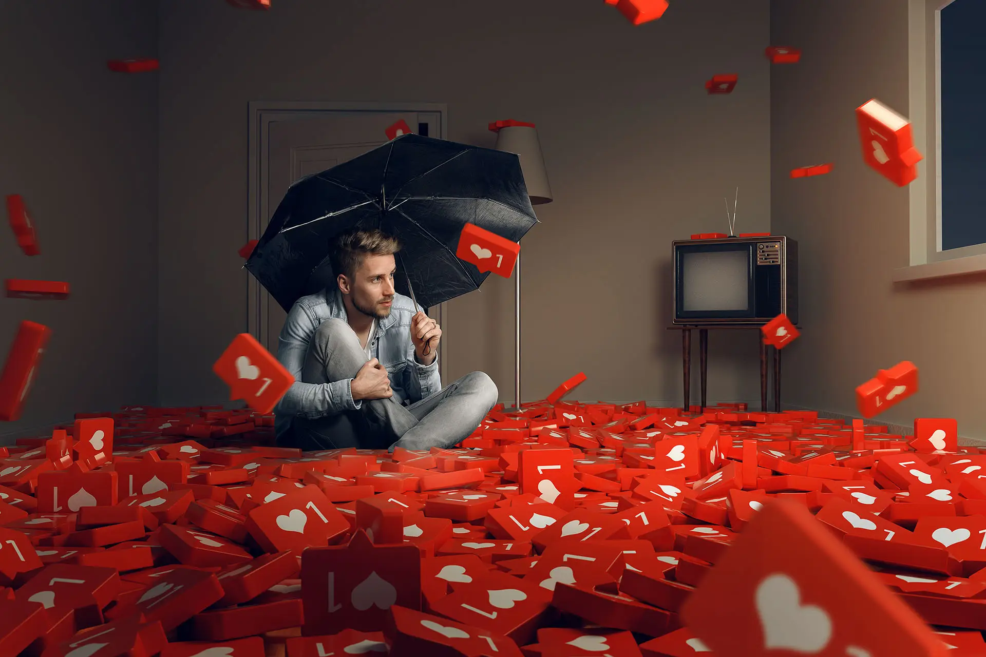 Social Media Numbers this image shows a man sitting in a living room with an umbrella over his head, around him are hundred of social like icons and more are raining down on him - concept for social media numbers