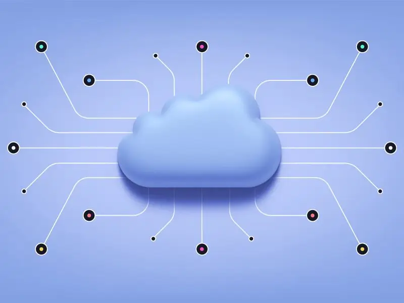 The Benefits of Hosting Your Website on a VPS. This lilac graphic shows a cloud concept with various modules - concept for VPS