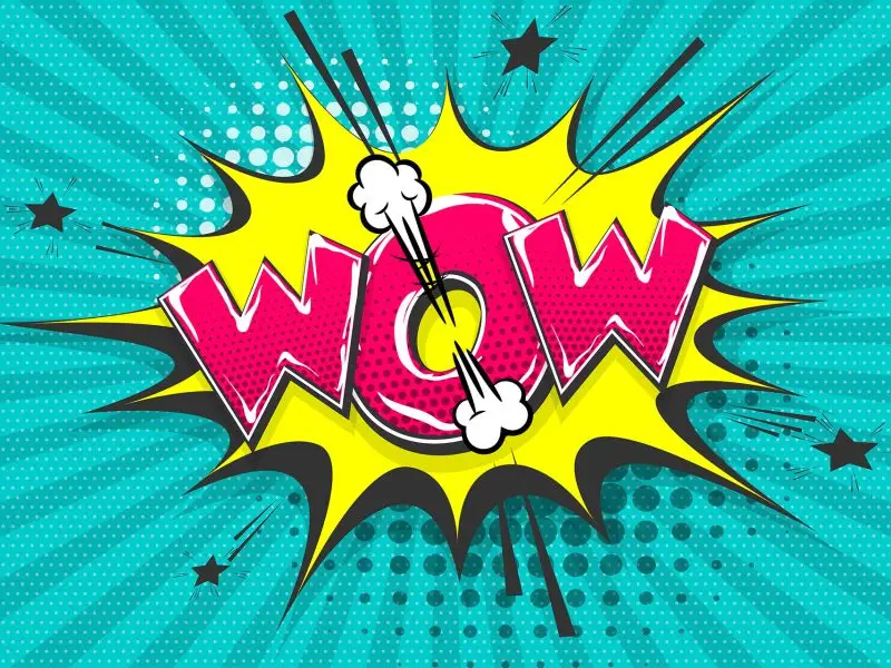 The Importance of Making the Right First Impression. This pop art style graphic says wow in bright pink with a yellow flash and a bright blue background. Concept for an impactful first impression