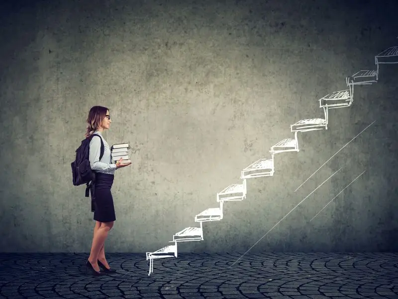 UK Business Growth - this image shows a grey background with an outline of a staircase and a lady just about to climb the stairs - concept for a new business