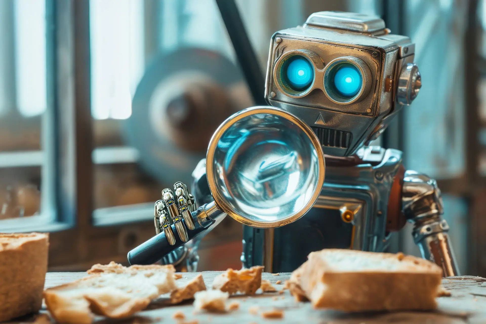 Website Breadcrumbs this graphic shows a robot with a magifying glass inspecting bread and crumbs - website breadcrumb concept