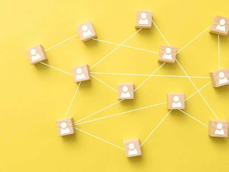 Have You Heard the Saying… "What Comes Around, Goes Around"? Image shows a diagram of wooden blocks each with a person icon and interconnecting strands depicting a networking interconnected concept