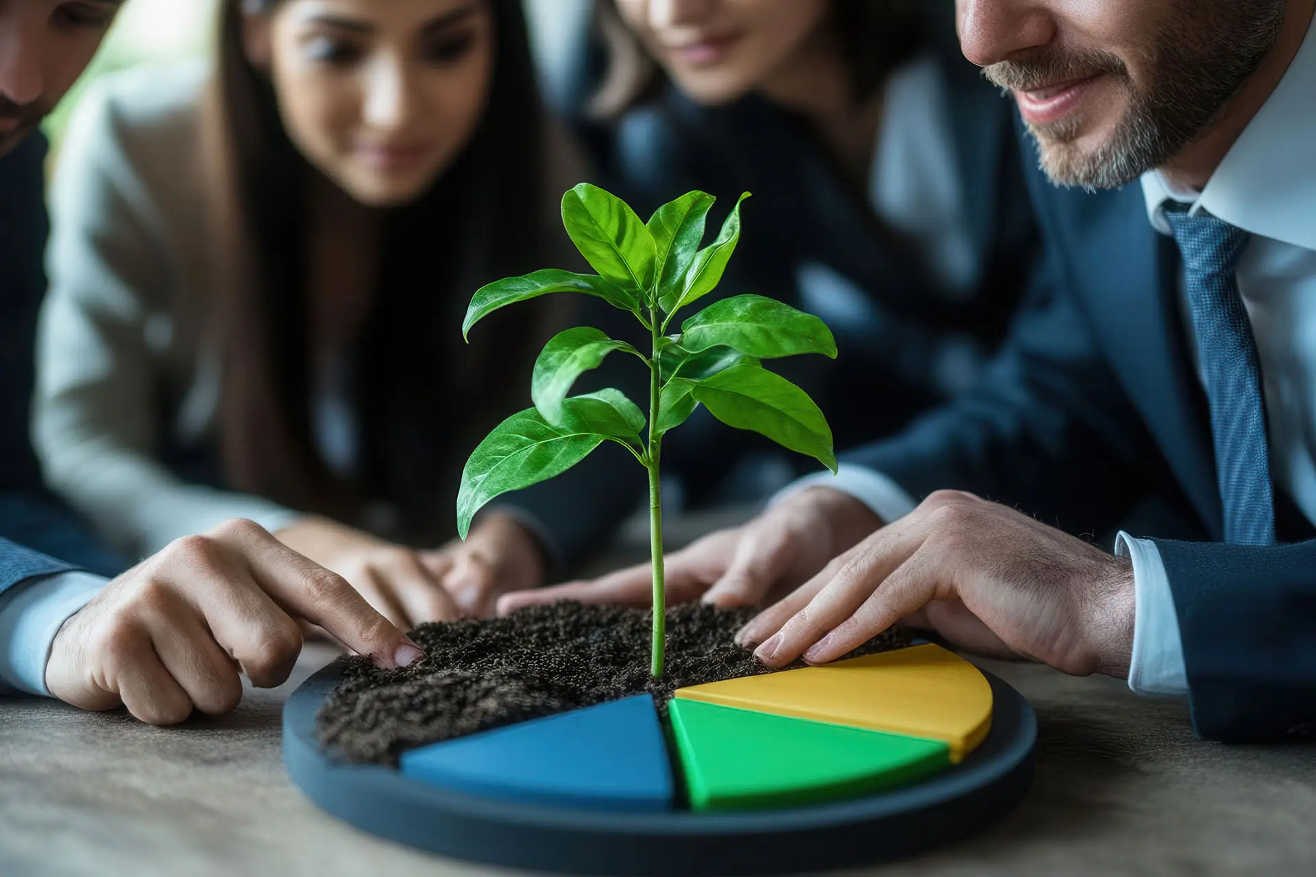 20 Business Resolutions for 2016 - this image shows a team tending to a growing plant that has been potted into a pie chart - concept for team development and business growth