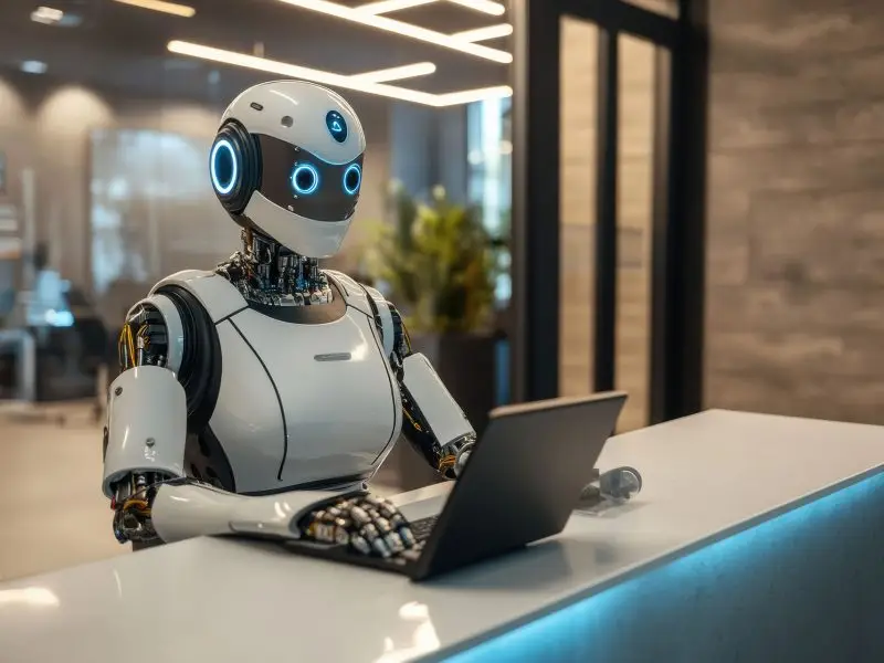 Automating Your Business - this image shows a robot sitting at an office desk working at a laptop.