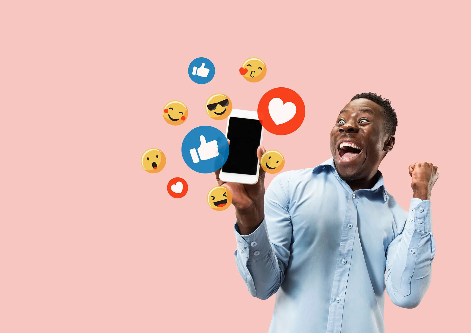 Facebook Ads - Choosing Your Audience and Setting Your Budget. This imahe shows a light pink background with a man holding a mobile phone forward with Facebook Like icons appearing around the phone. the man is happy and excited