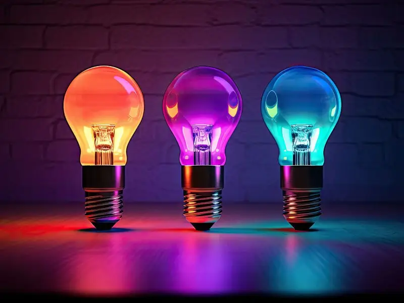 Focus on the Solution this image shows three bright light bulbs of varying hues - concept for different solutions