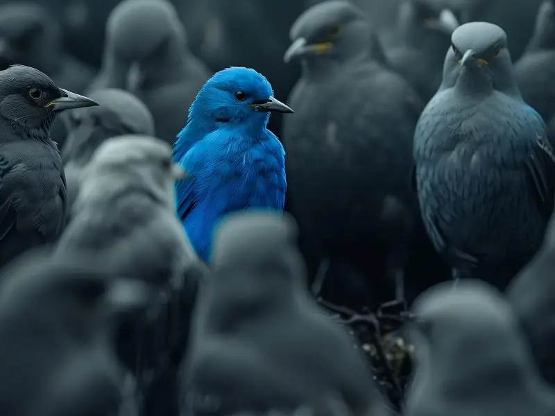 Importance of Being Consistent on Twitter - this image shows a flock of grey birds with one blue bird in the centre, concept for standing out on Twitter