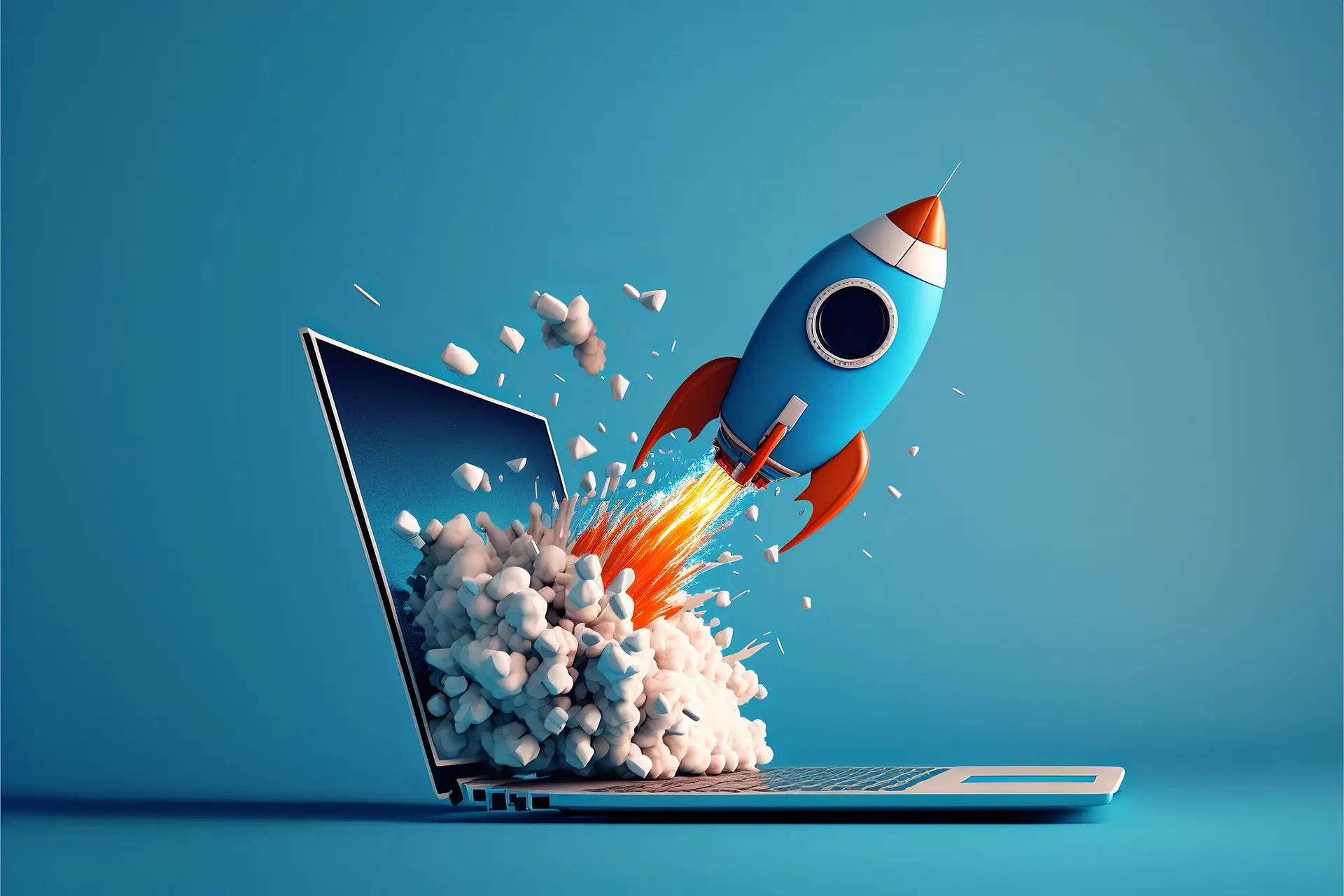 SEO - What Are White Hat Techniques vs Black Hat? This image shows a bright blue backgroud with the image of a laptop and a rocket exploding out from it - concept for SEO