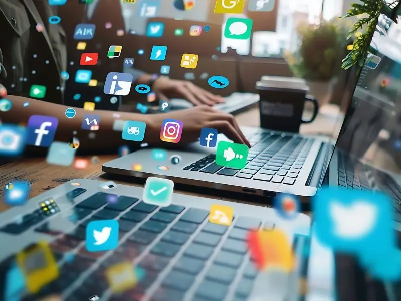 Social Media Platform of Choice - this image shows two people working at laptops with a range of social media icons like Facebook, Twitter and Instagram floating around them