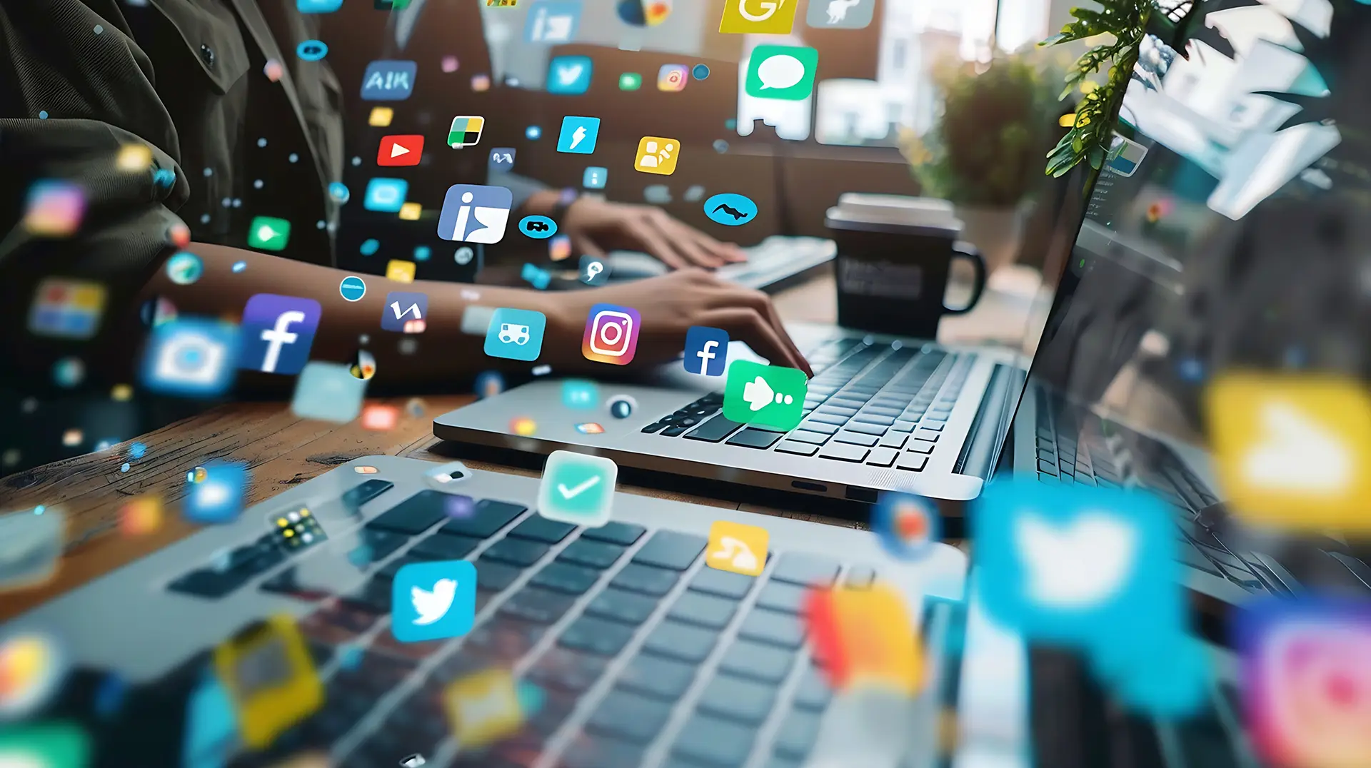 Social Media Platform of Choice - this image shows two people working at laptops with a range of social media icons like Facebook, Twitter and Instagram floating around them