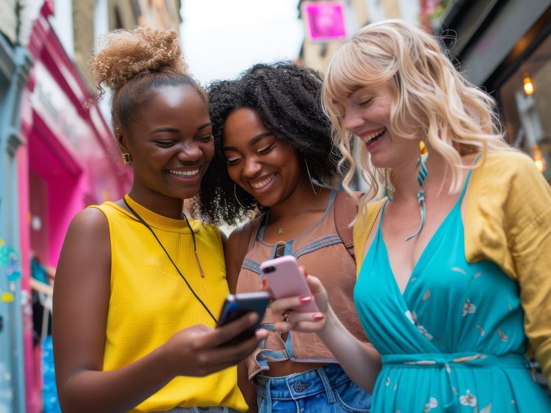 Social Media User Statistics in the UK - this image shows 3x women in a town high street looking at their phones and smiling