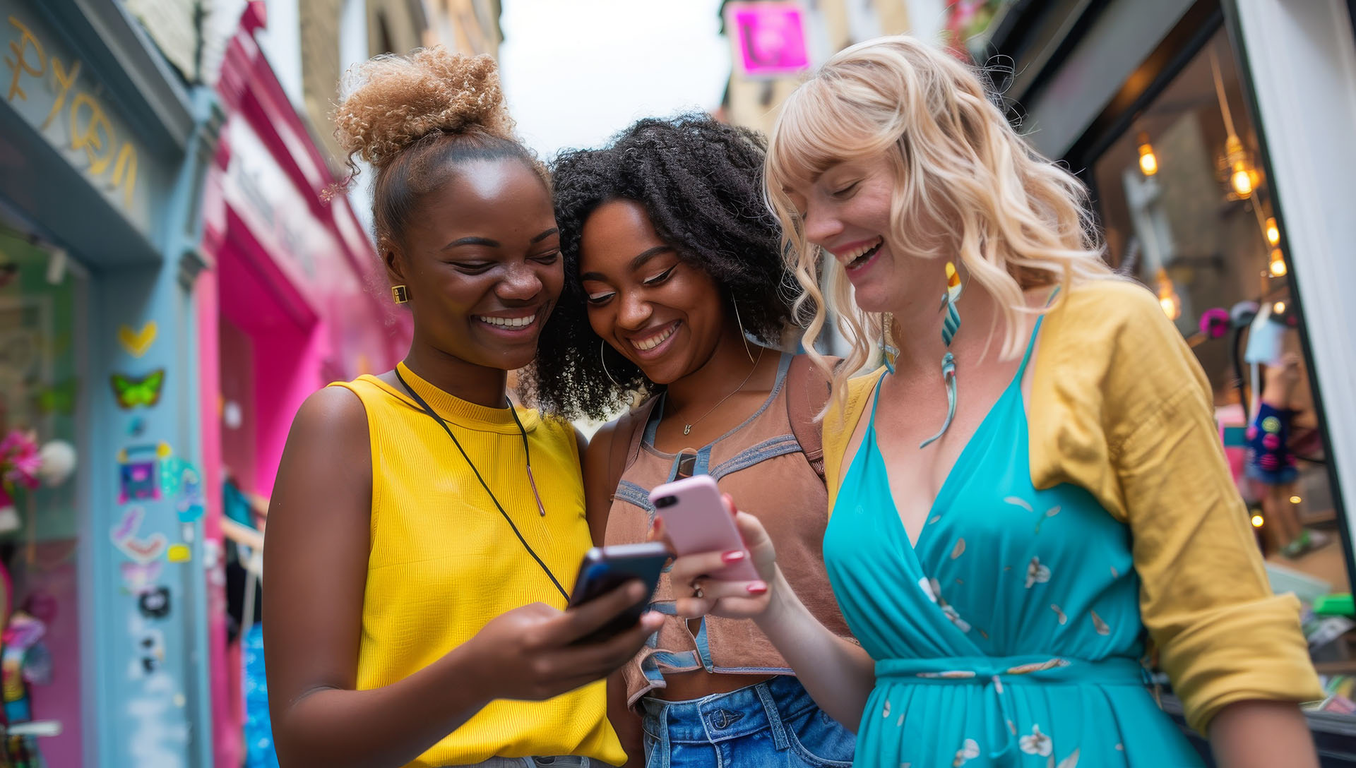 Social Media User Statistics in the UK - this image shows 3x women in a town high street looking at their phones and smiling