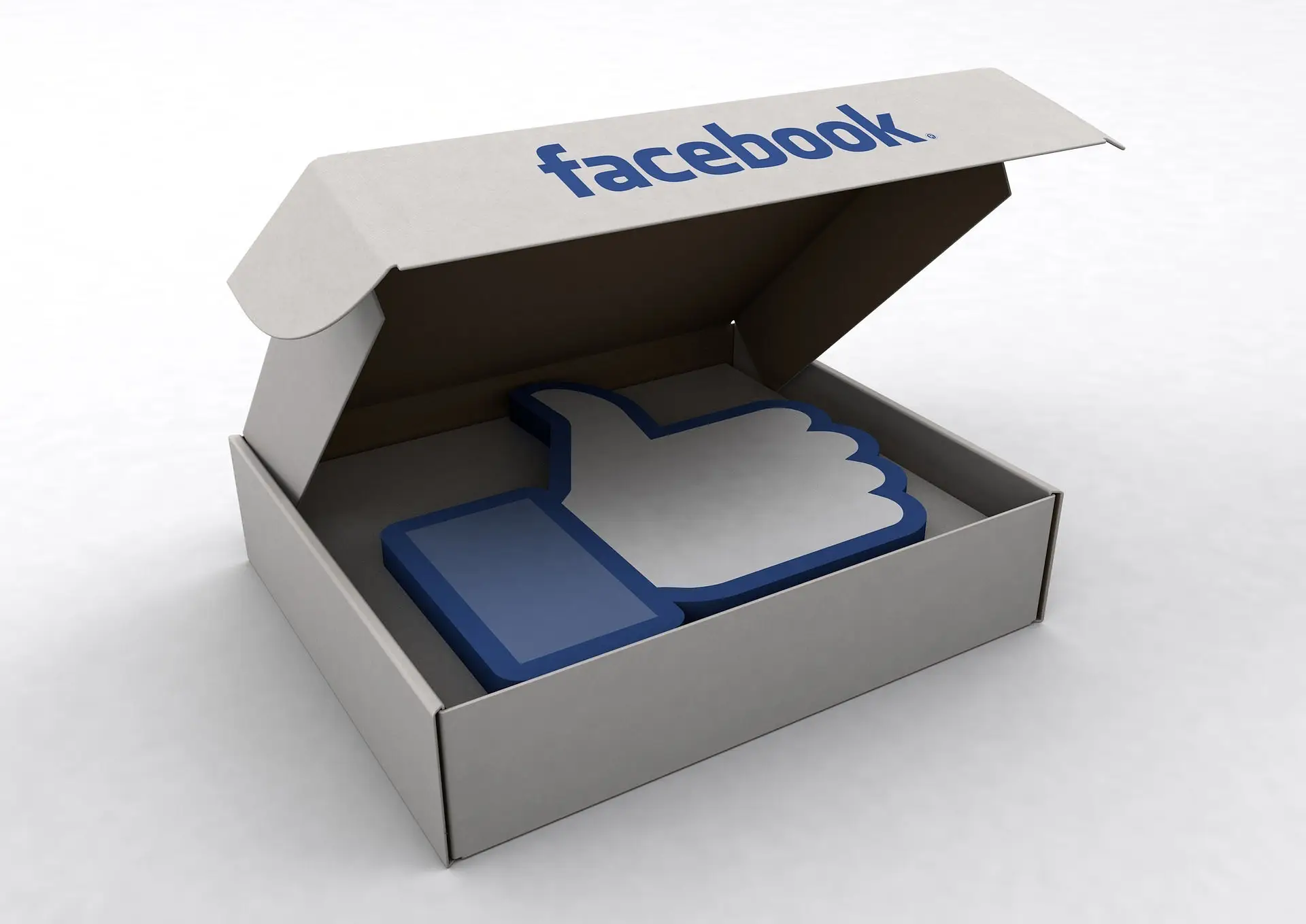 Using Facebook Adverts - this image shows a small cardboard box with Facebook written on the lid, inside is a cardboard thumb logo