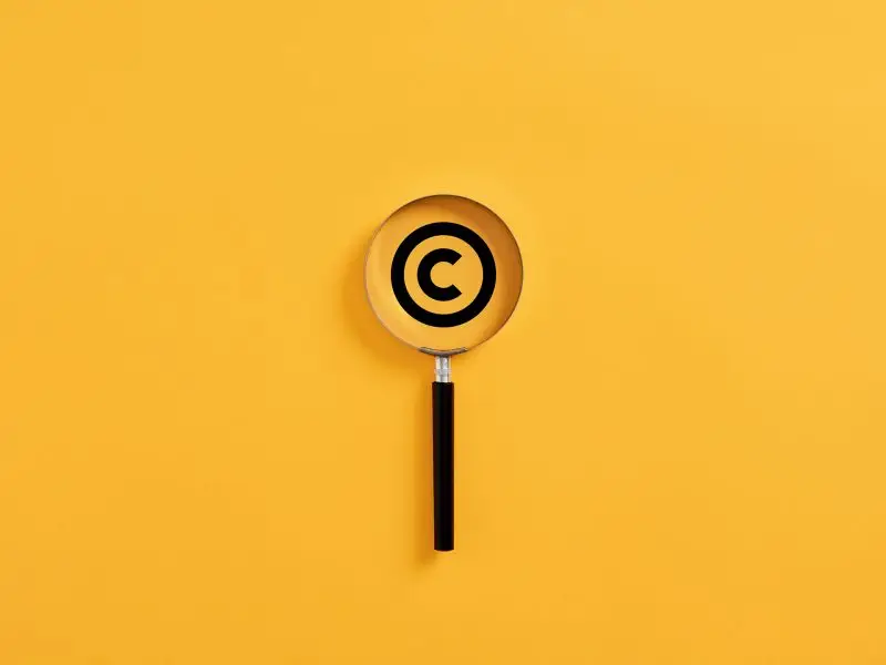 Your Website Has Been Copied – What Are Your Rights? This image shows a bright yellow background with a magnifying glass over the copyright symbol