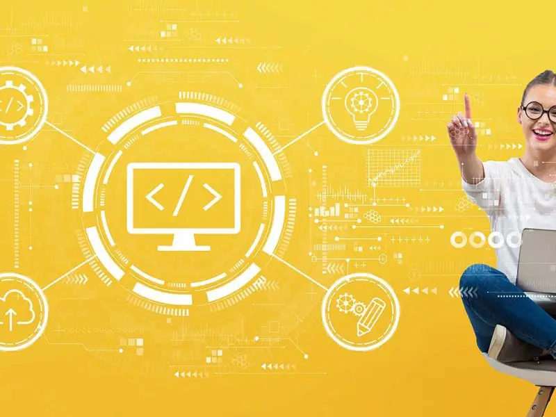 A Guide to Website Hosting - this image shows a bright yellow background with a lady wearing glasses, sitting cross legged on a chair, she is reaching out with her finger to click on a series of hosting related graphics.