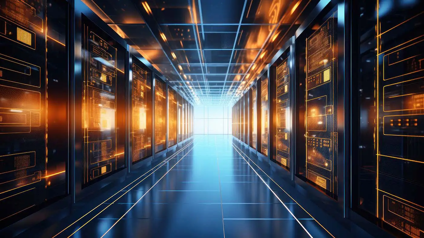 A Guide to Website Hosting - this image shows a data centre with orange lighting