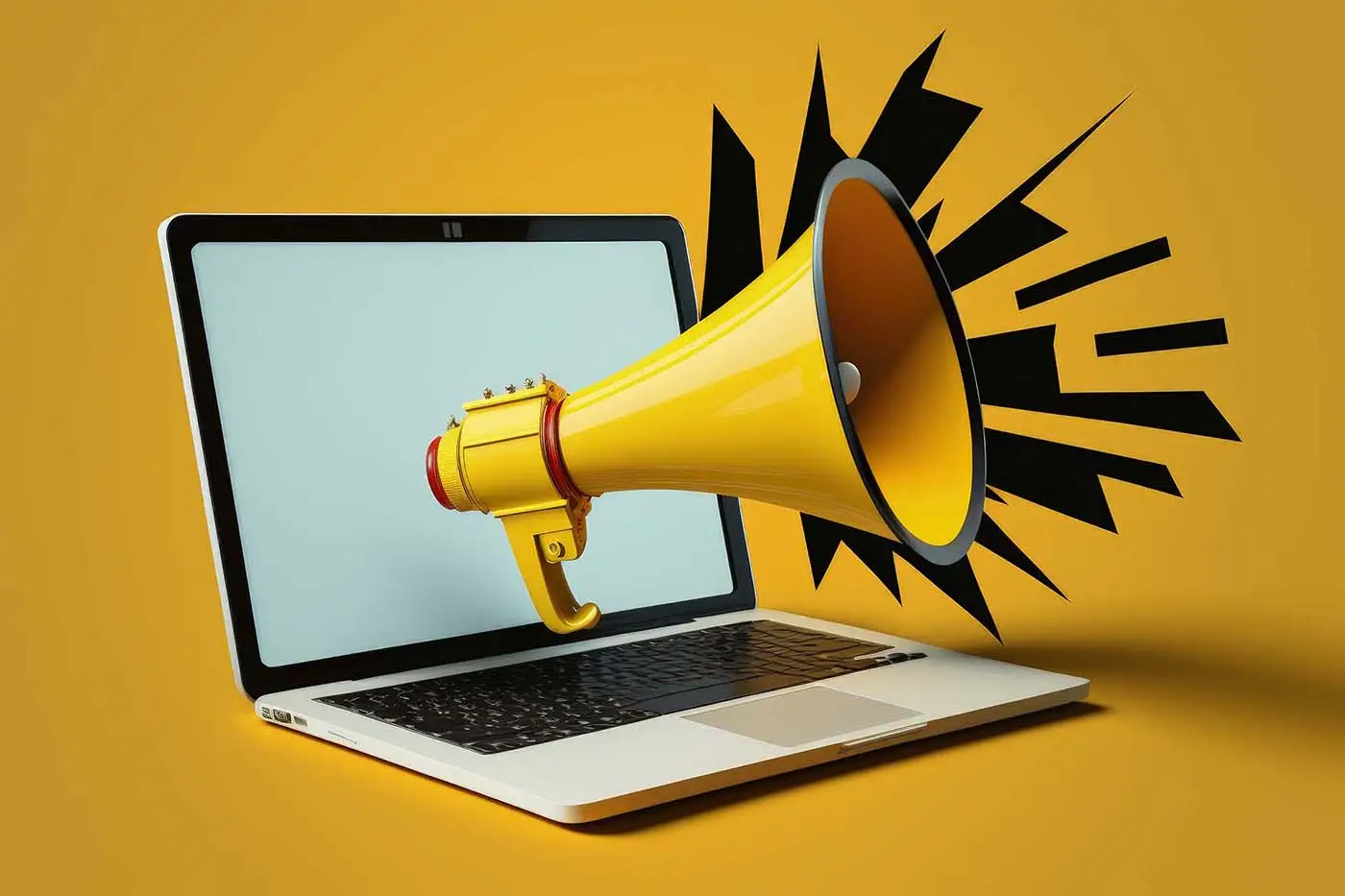 Creating Landing Pages that Convert - this image shows a bright yellow background with a laptop in the centre and a bright yellow megaphone calling out from the screen - concept for compelling landing pages