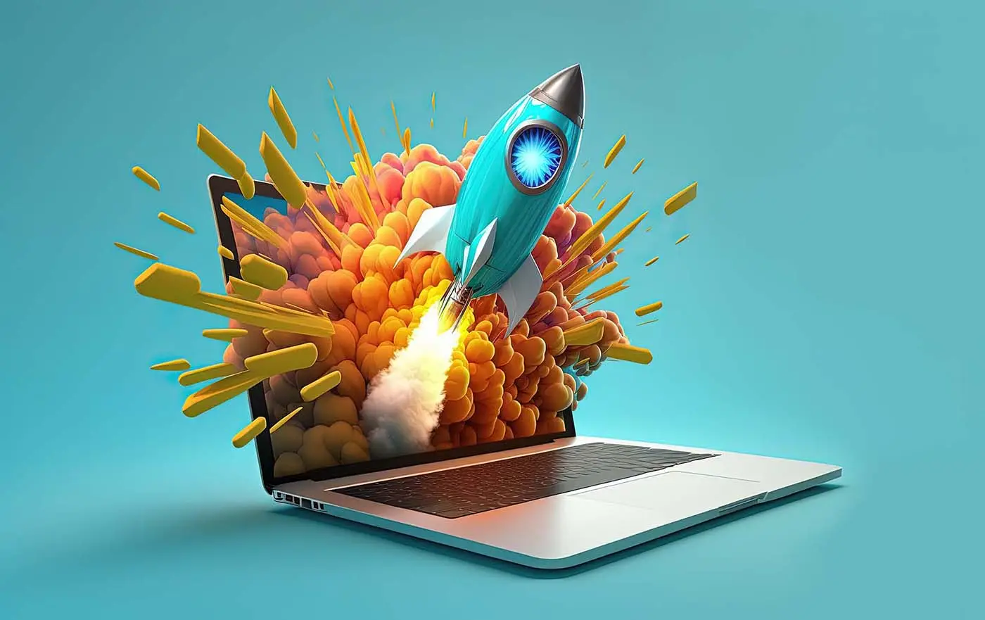 Creating Landing Pages that Convert - this image shows a bright blue background with a laptop in the centre of the screen, there is a blue rocket exploding out of the screen, concept for website and landing page effectiveness