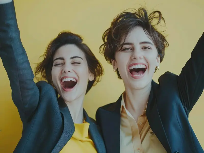 Facebook Champions UK Female Entrepreneurs - this image shows a yellow background with two ladies dressed in business attire with big smiles and arms in the air celebrating