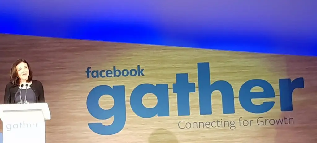 Facebook Gather - this image shows the Chief Operating Officer of Facebook, Sheryl Sandberg on stage at the Facebook Gather event in Brussels January 2018