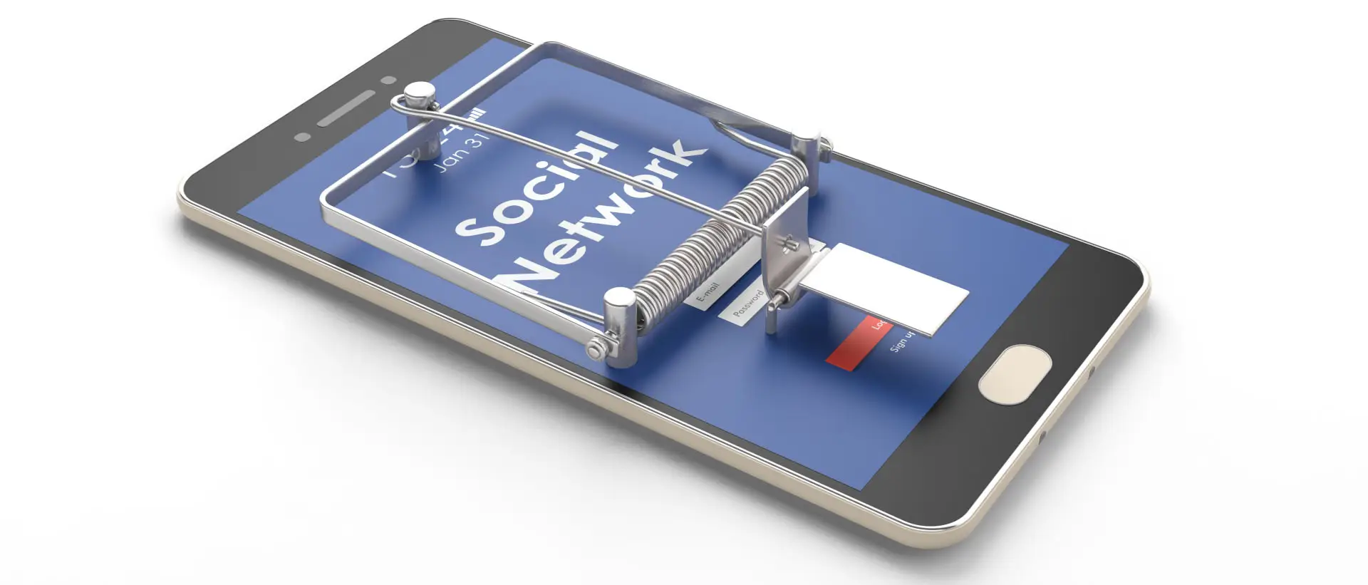 Keeping Your Social Media Accounts Secure - this image shows a mobile phone with a social network loaded and a mouse trap over the phone, concept for social media security