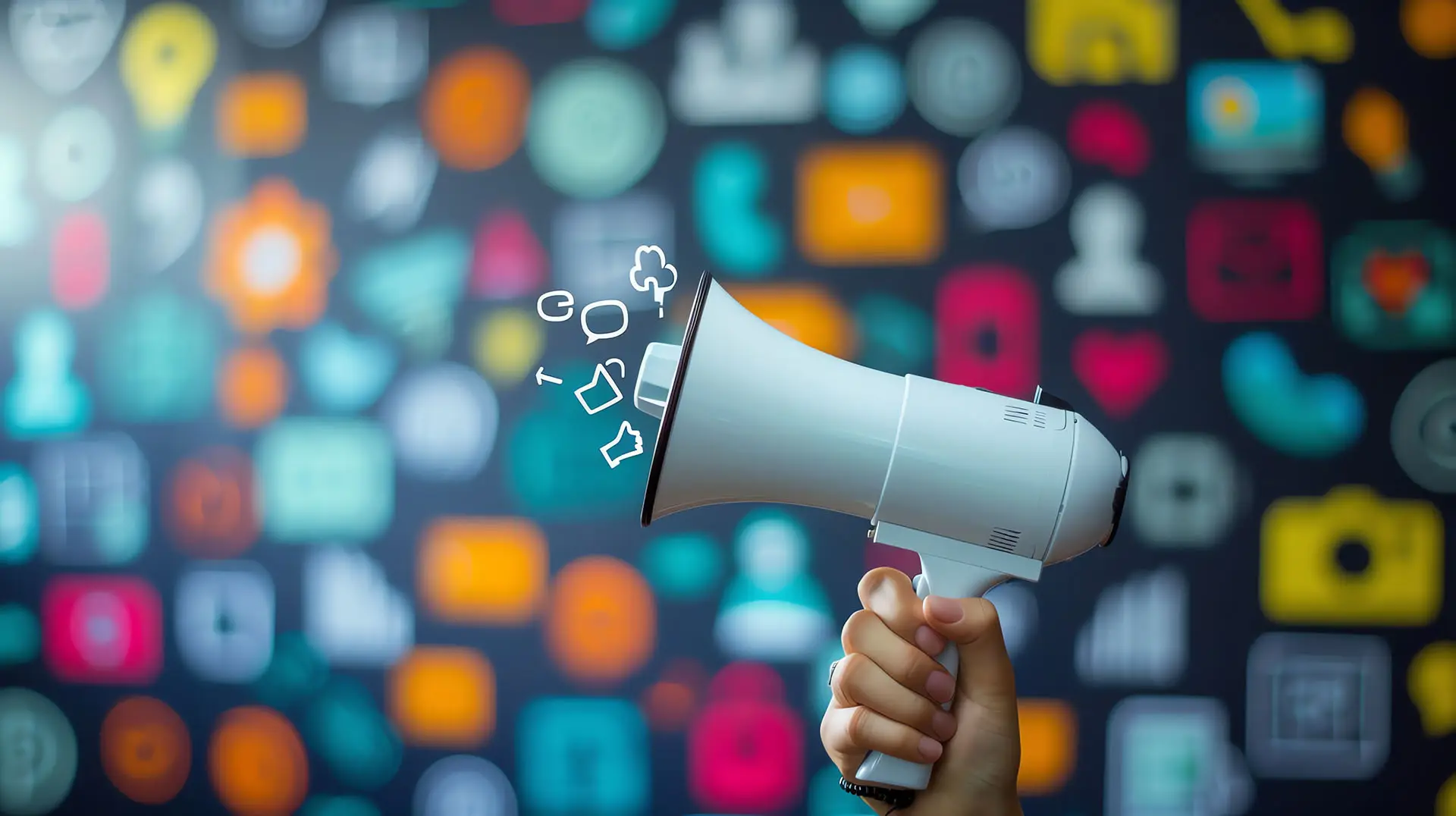 Organic Reach for Facebook Business Pages - this image shows a mega phone in the foreground, with bright coloured social icons in the background