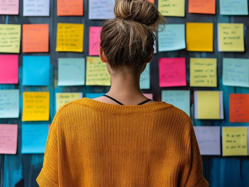 Social Media Planning for 2020 - this image shows a lady in a dark yellow jumper facing a wall of sticky notes she has used to create a detailed content plan