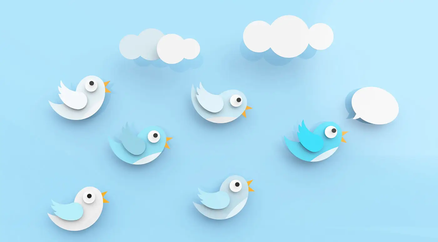 Twitter Fleets - this pale blue graphic shows 6 pale blue birds, the lead bird has a speech bubble. Concept for Twitter Fleets