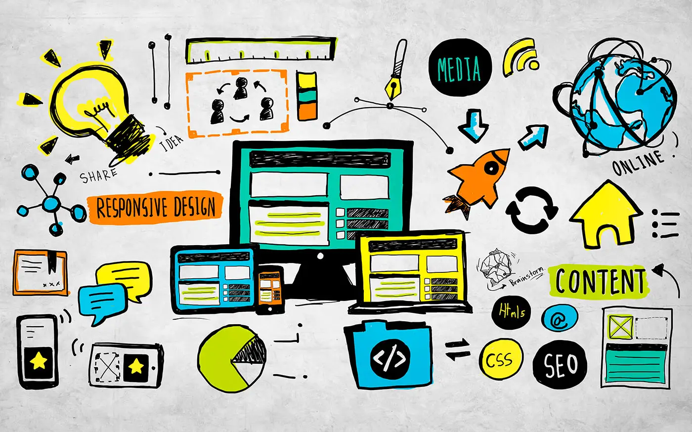 What Should Be Included On A Service Page? This graphic shows various webpage content icons including charts, page layout, headings, bright ideas etc