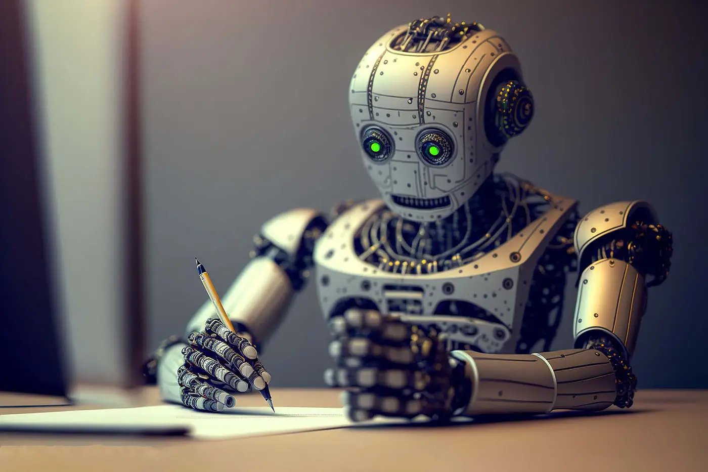 What is ChatGPT? This graphic shows a robot sitting at a desk writing content